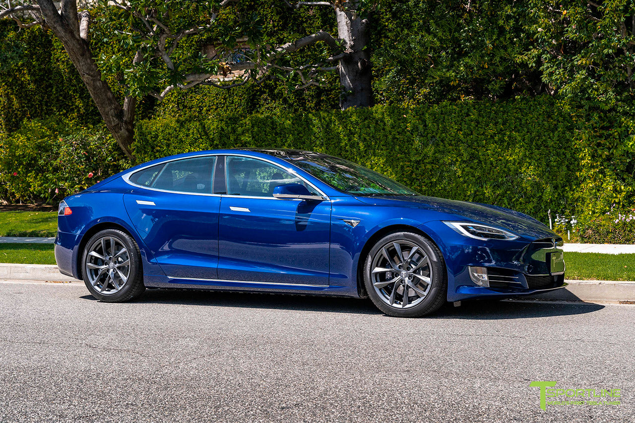 Deep Blue Metallic Tesla Model S with 19" TSS Flow Forged Wheels in Space Gray by T Sportline