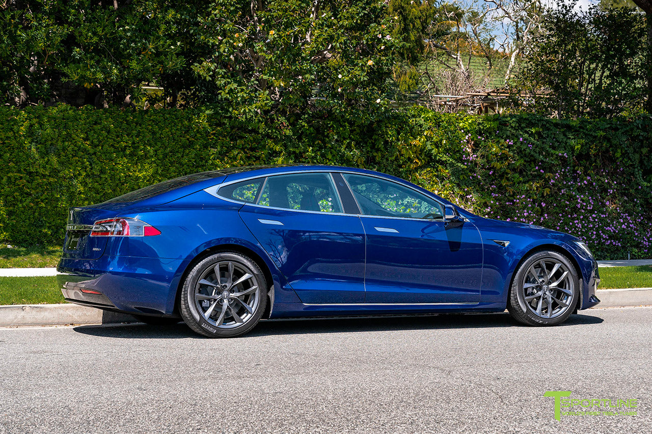 Deep Blue Metallic Tesla Model S with 19" TSS Flow Forged Wheels in Space Gray by T Sportline