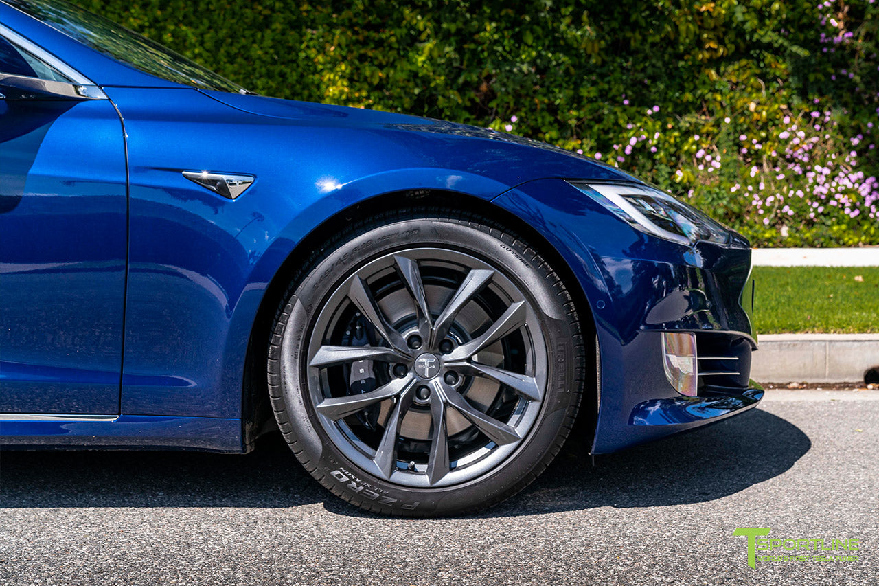 Deep Blue Metallic Tesla Model S with 19" TSS Flow Forged Wheels in Space Gray by T Sportline