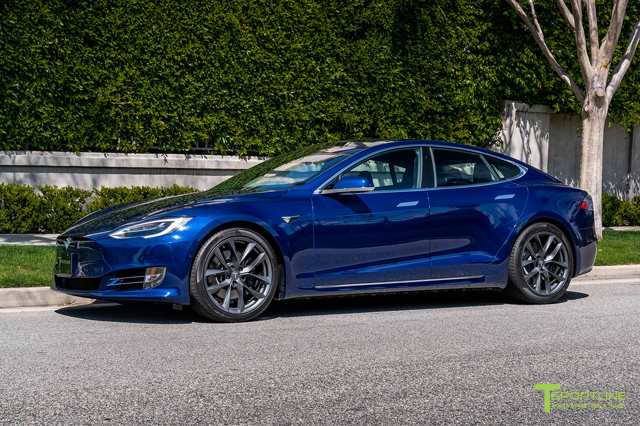 Deep Blue Metallic Tesla Model S with 20" TSS Flow Forged Wheels in Space Gray by T Sportline