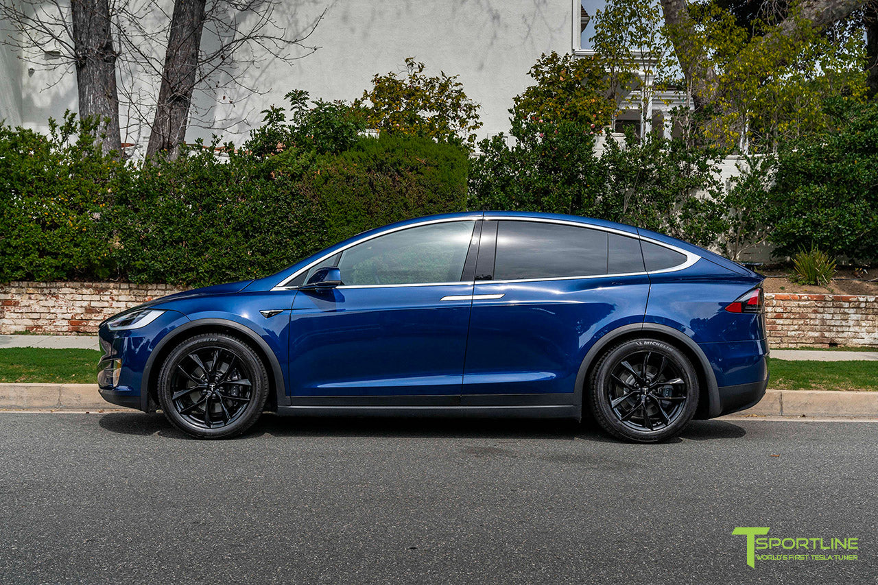 Deep Blue Metallic Tesla Model X with 20" TSS Flow Forged Wheels in Gloss Black by T Sportline