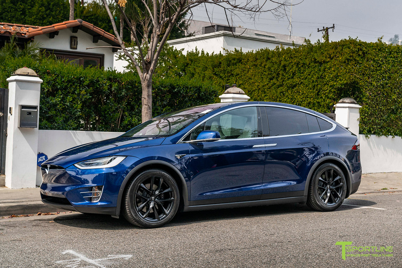 Deep Blue Metallic Tesla Model X with 20" TSS Flow Forged Wheels in Matte Black by T Sportline