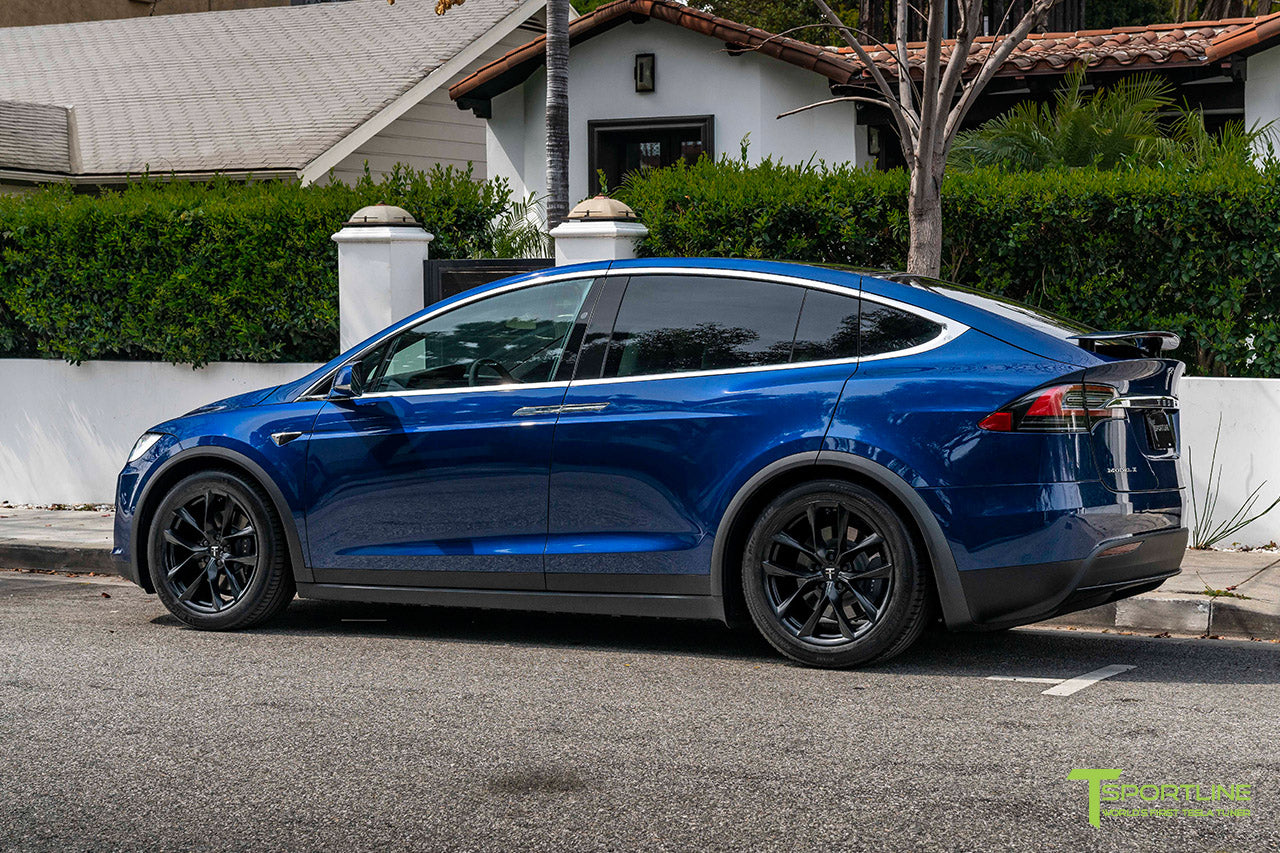Deep Blue Metallic Tesla Model X with 20" TSS Flow Forged Wheels in Matte Black by T Sportline