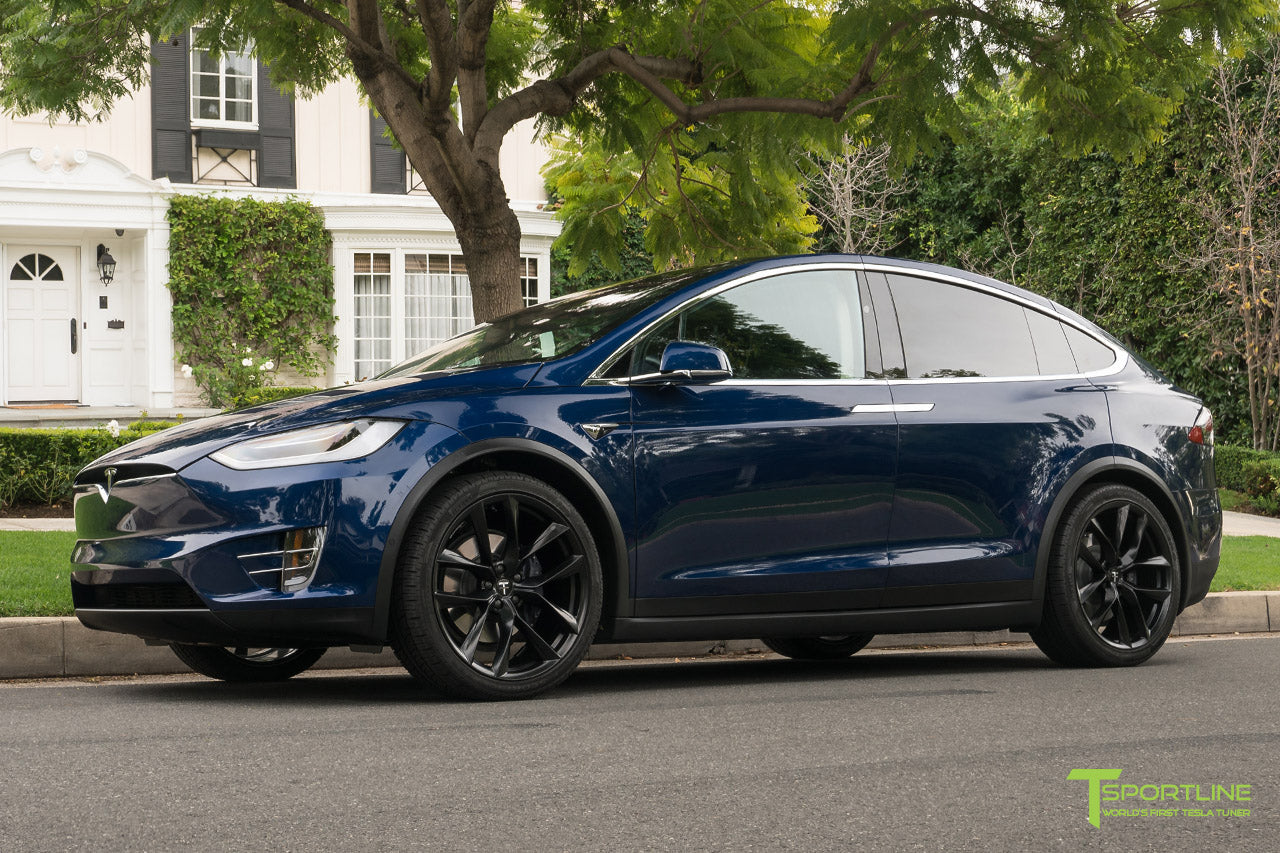 Deep Blue Metallic Tesla Model X with Matte Black 22 inch TSS Arachnid Style Flow Forged Wheels by T Sportline