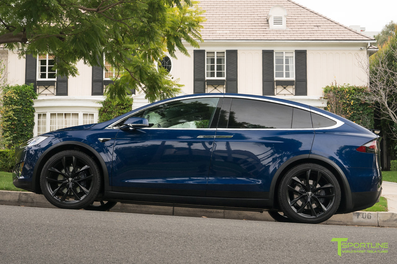 Deep Blue Metallic Tesla Model X with Matte Black 22 inch TSS Arachnid Style Flow Forged Wheels by T Sportline