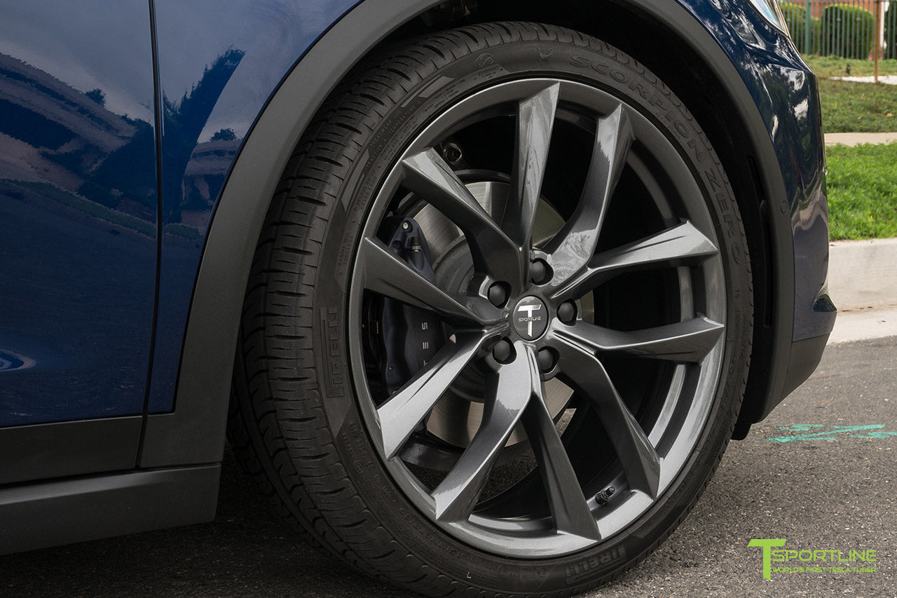Deep Blue Metallic Tesla Model X with Space Gray 22 inch TSS Arachnid Style Flow Forged Wheels by T Sportline