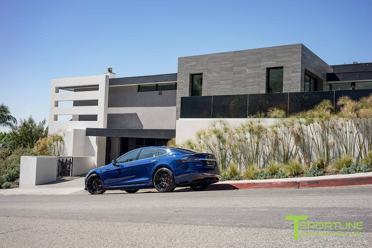 Deep Blue Metallic Tesla Model S 2.0 with Gloss Black 21 inch TS115 Forged Wheels