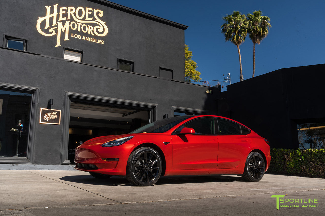 Dragon Fire Red Tesla Model 3 with Gloss Black 19 inch TST Turbine Style Wheels by T Sportline 4