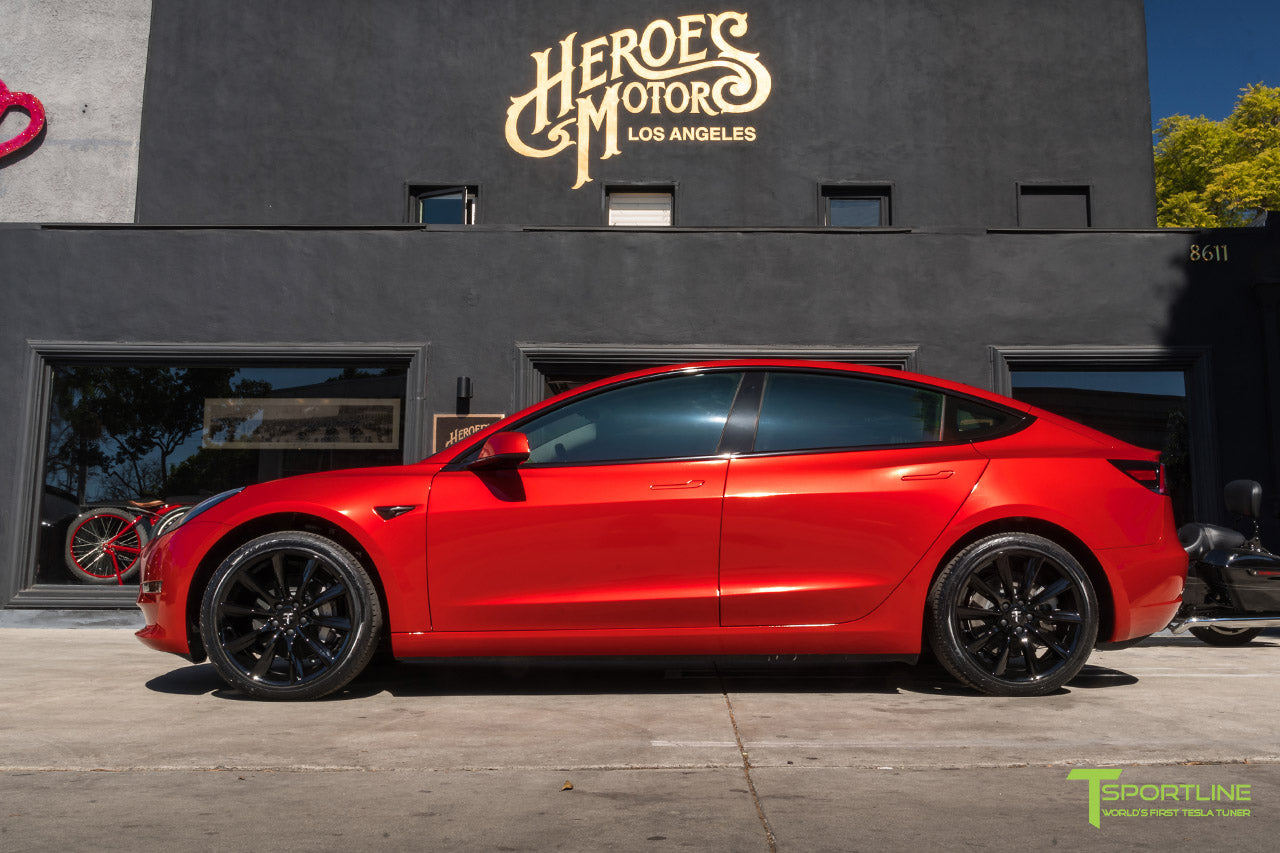 Dragon Fire Red Tesla Model 3 with Gloss Black 19 inch TST Turbine Style Wheels by T Sportline