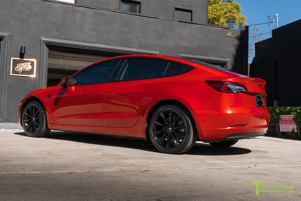 Dragon Fire Red Tesla Model 3 with Gloss Black 19 inch TST Turbine Style Wheels by T Sportline