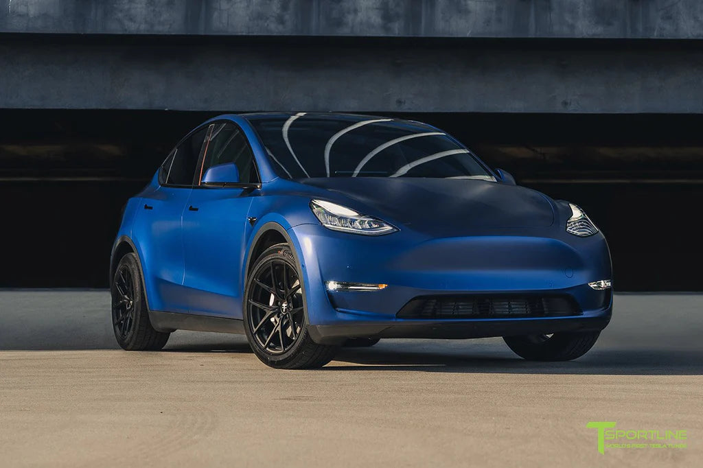 Xpel Stealth Deep Blue Metallic Tesla Model Y with 19" Falcon Y Wheels