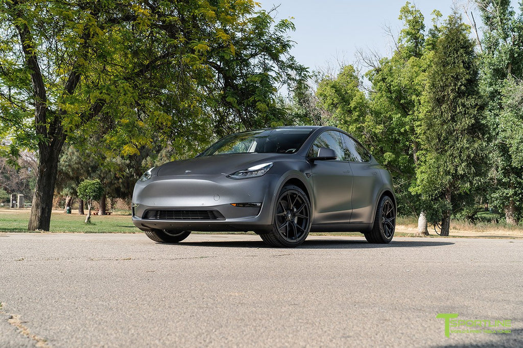 3M Satin Dark Gray Model Y with 21" TY115 Forged Wheels