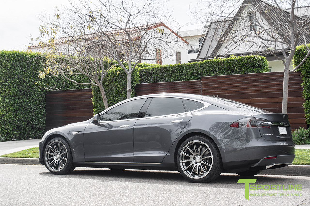 Gray Tesla Model S 1.0 with Brush Satin 21 inch TS112 Forged Wheels