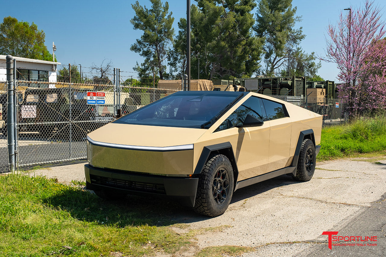 Inozetek Supergloss Sand wrapped Tesla Cybertruck with 18" CT7 Forged Aftermarket Wheels in Satin Black by T Sportline