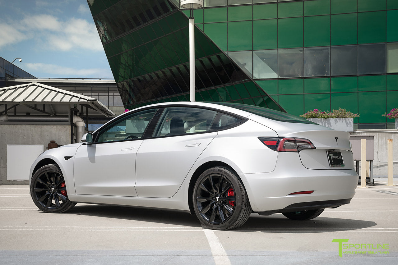 Matte Silver Tesla Model 3 with Gloss Black 19 inch TST Turbine Style Wheels by T Sportline