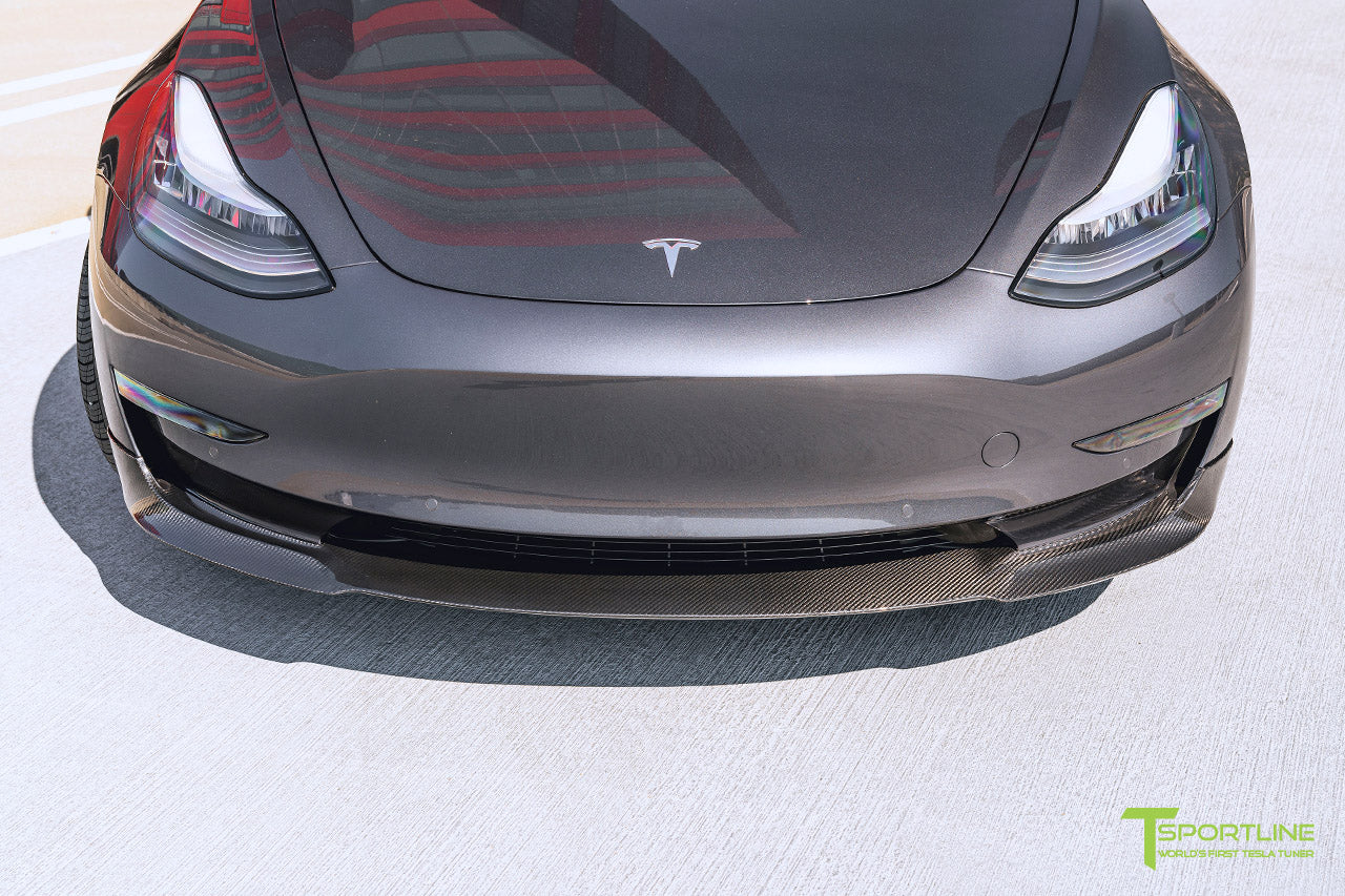 Midnight Silver Metallic Tesla Model 3 with Carbon Fiber Tesla Model 3 Front Apron (Front Splitter or Front Lip), Rear Diffuser, Side Skirt, and Rear Trunk Wing by T Sportline