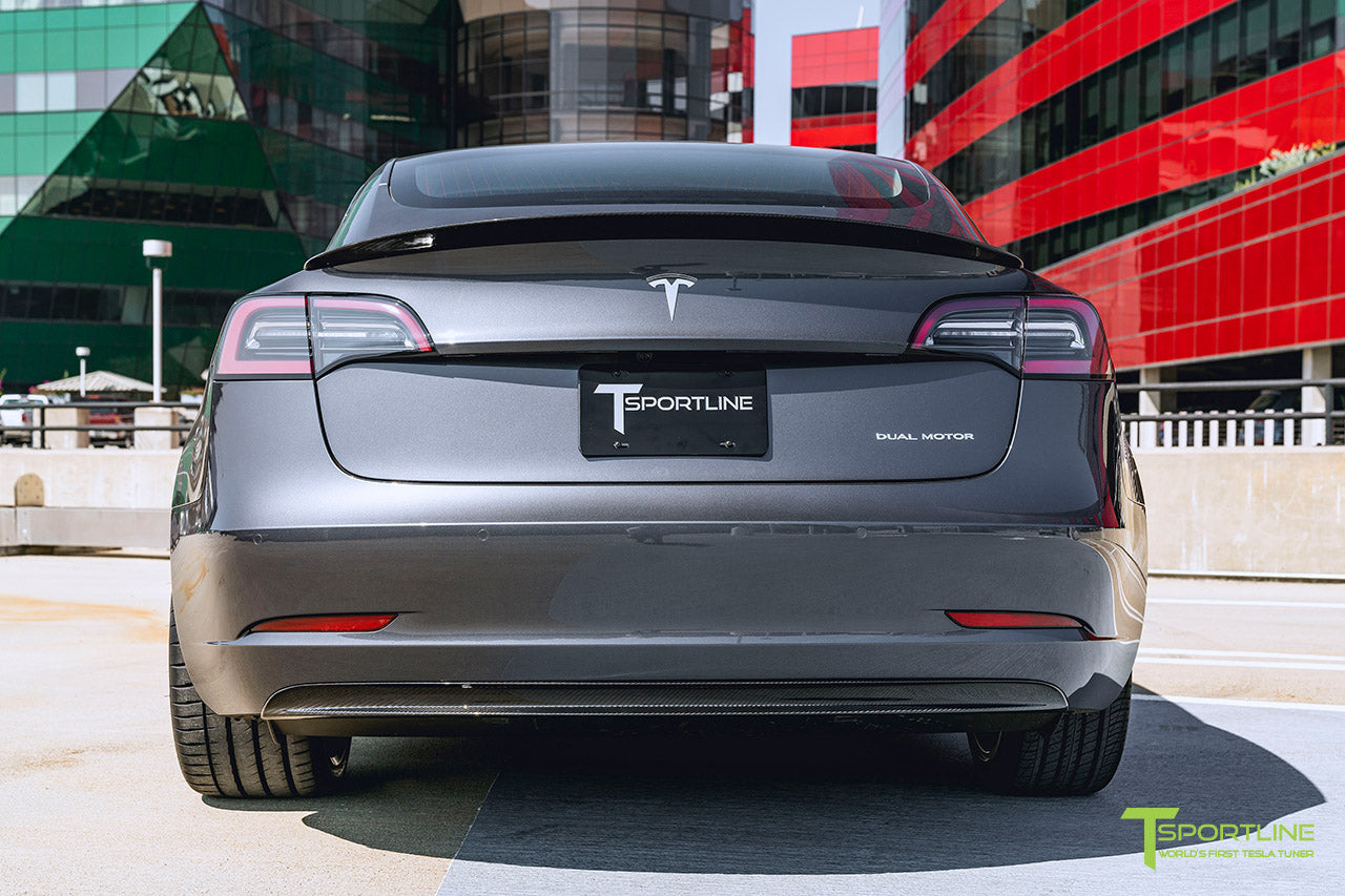Midnight Silver Metallic Tesla Model 3 with Carbon Fiber Executive Trunk Wing Performance Lip Spoiler by T Sportline