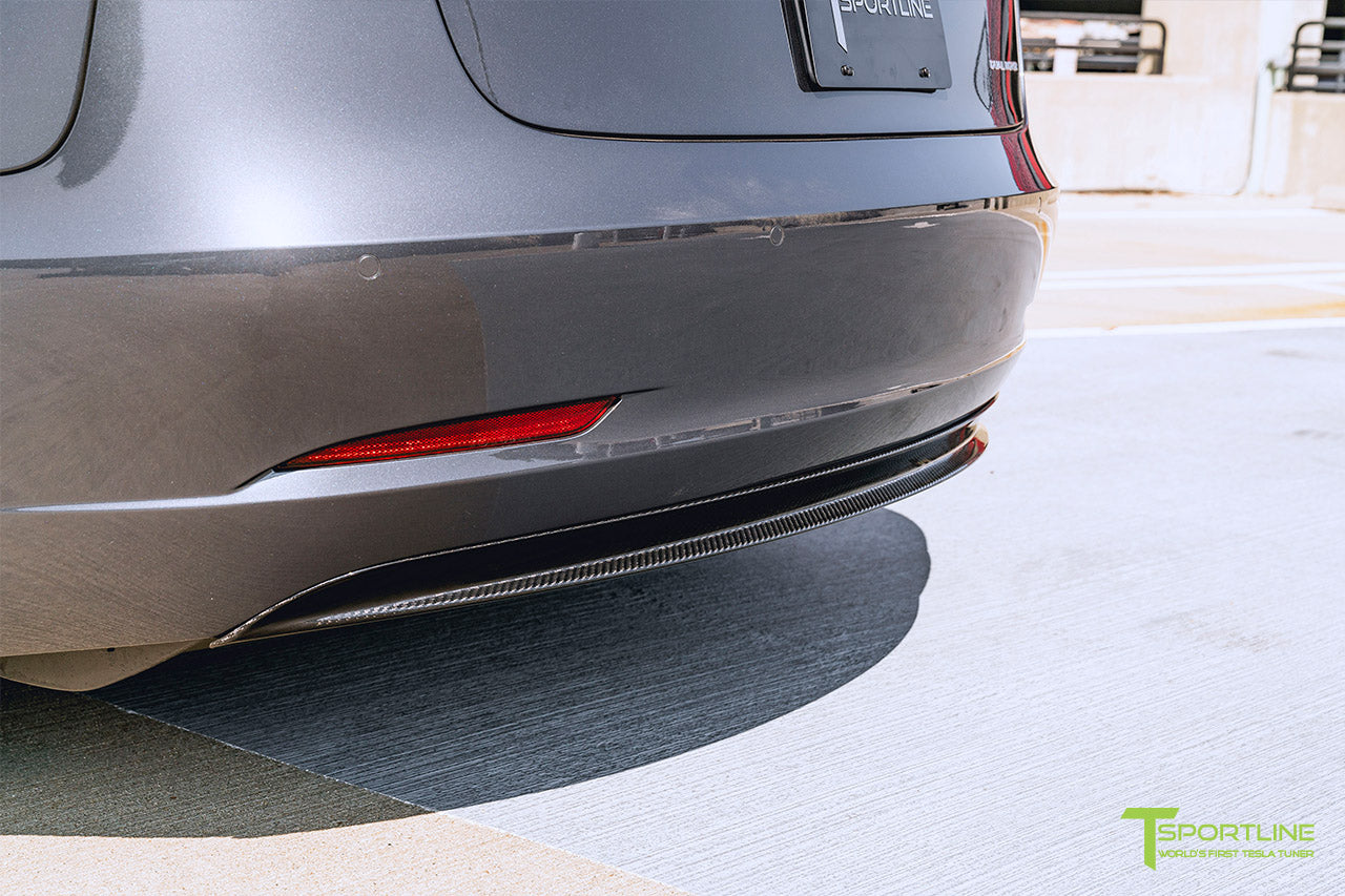 Midnight Silver Metallic Tesla Model 3 with Carbon Fiber Tesla Model 3 Front Apron (Front Splitter or Front Lip), Rear Diffuser, Side Skirt, and Rear Trunk Wing by T Sportline