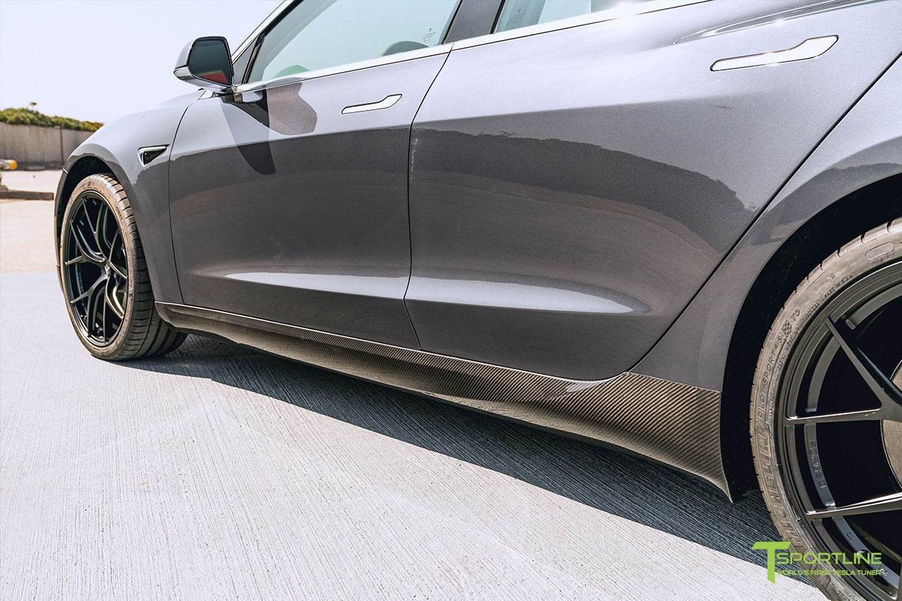 Midnight Silver Metallic Tesla Model 3 with Carbon Fiber Tesla Model 3 Front Apron (Front Splitter or Front Lip), Rear Diffuser, Side Skirt, and Rear Trunk Wing by T Sportline