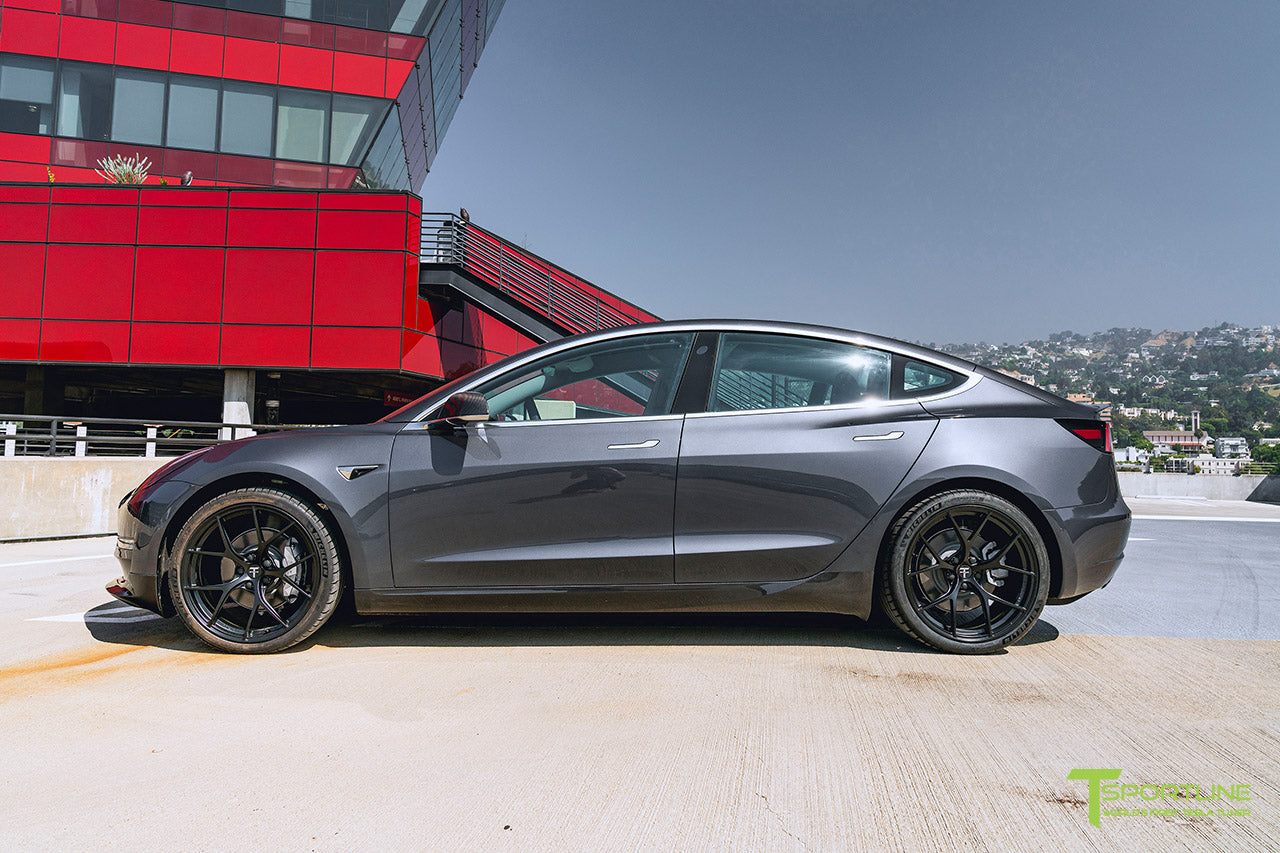 Midnight Silver Metallic Tesla Model 3 with Carbon Fiber Tesla Model 3 Front Apron (Front Splitter or Front Lip), Rear Diffuser, Side Skirt, and Rear Trunk Wing by T Sportline
