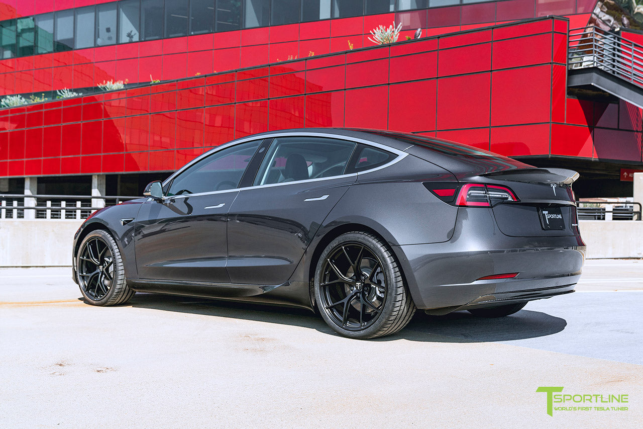 Midnight Silver Metallic Tesla Model 3 with Carbon Fiber Tesla Model 3 Front Apron (Front Splitter or Front Lip), Rear Diffuser, Side Skirt, and Rear Trunk Wing by T Sportline