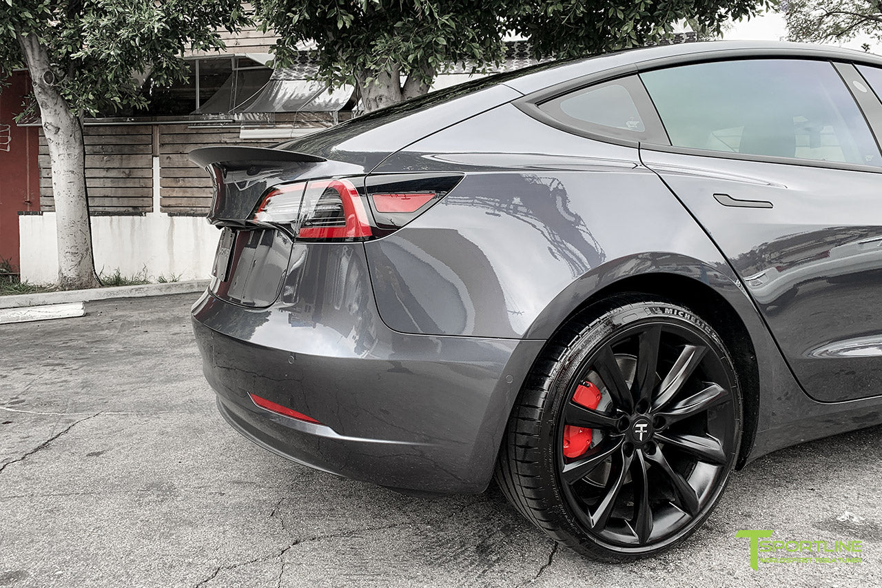 Midnight Silver Metallic Model 3 with Matte Carbon Fiber Trunk Wing Executive Performance Lip Spoiler by T Sportline