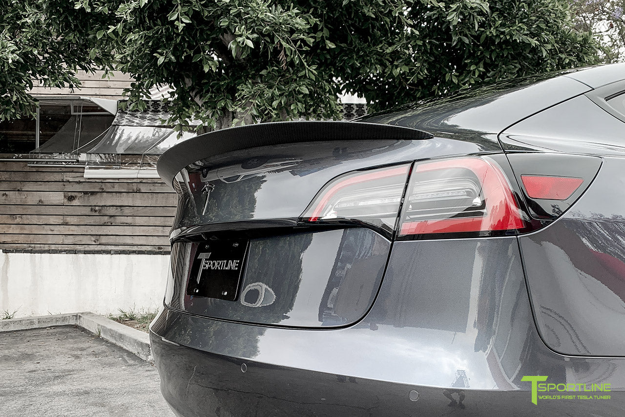 Midnight Silver Metallic Model 3 with Matte Carbon Fiber Trunk Wing Executive Performance Lip Spoiler by T Sportline