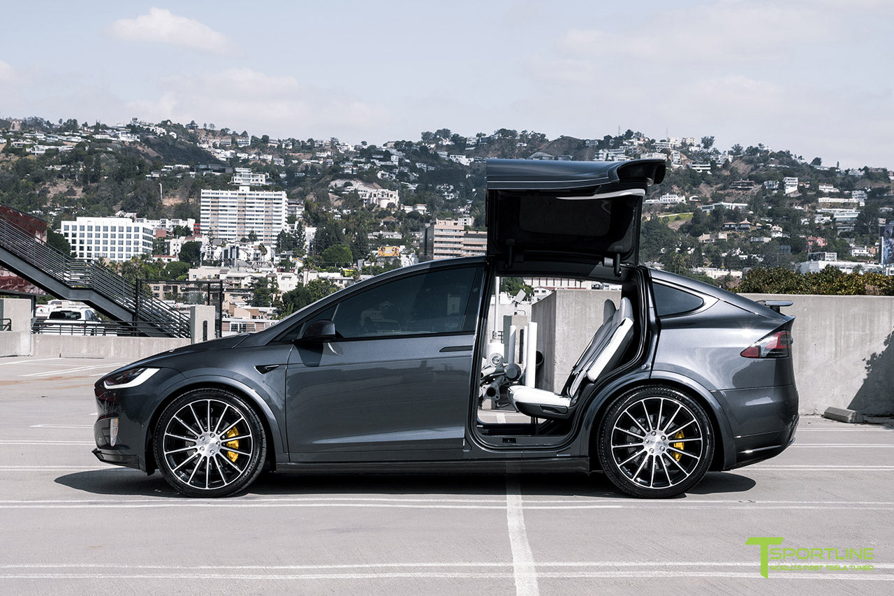 Midnight Silver Metallic Tesla Model X with Carbon Fiber Sport Package, Front Apron, Side Skirt Rocker Panel, Rear Diffuser, and Rear Wing by T Sportline