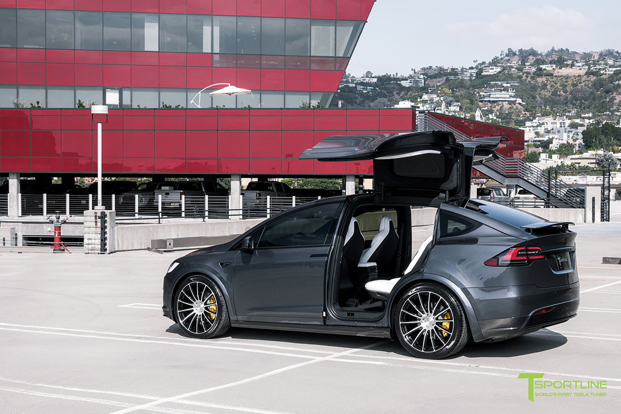 Midnight Silver Metallic Tesla Model X with Carbon Fiber Sport Package, Front Apron, Side Skirt Rocker Panel, Rear Diffuser, and Rear Wing by T Sportline