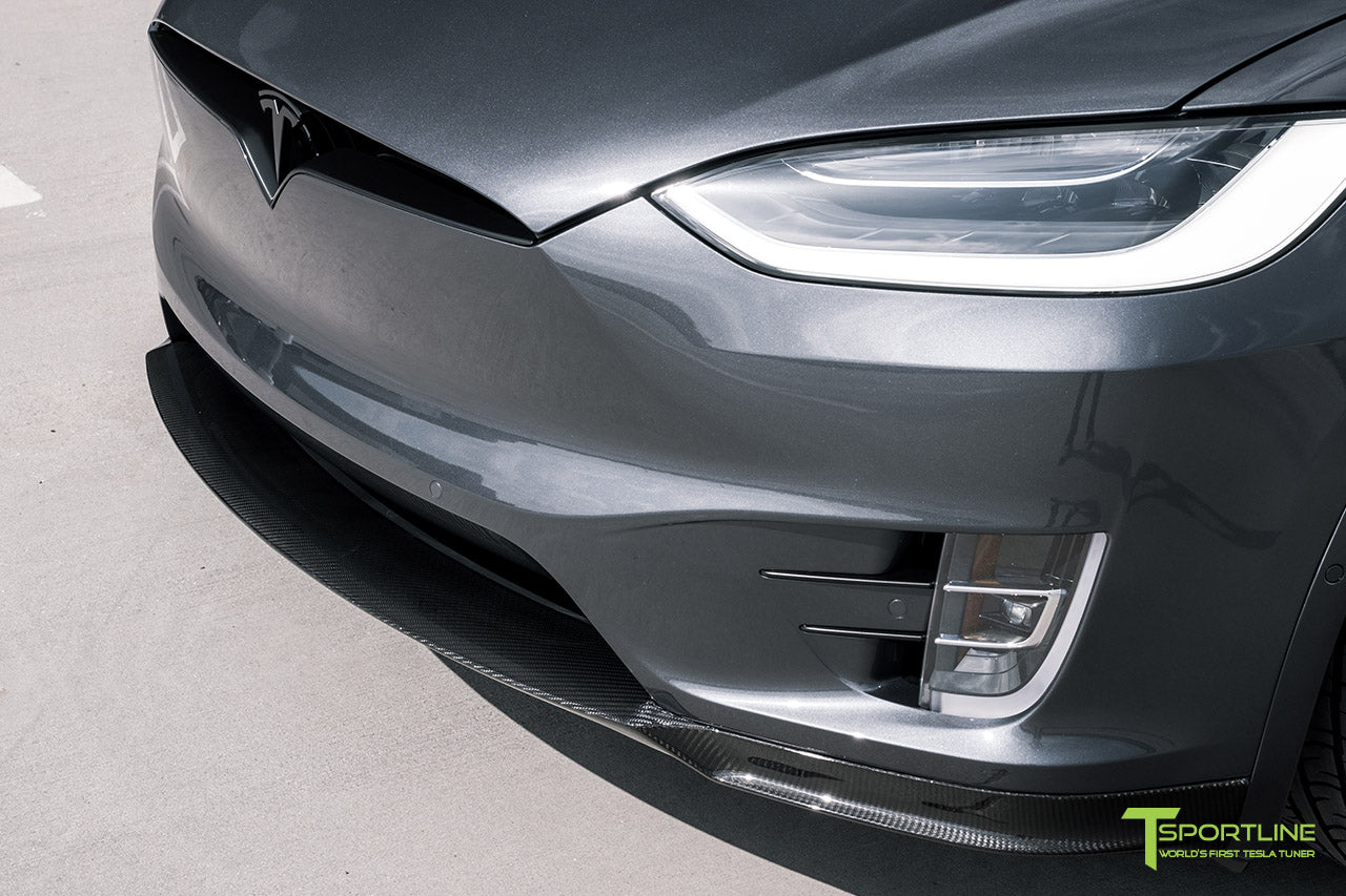 Midnight Silver Metallic Tesla Model X with Carbon Fiber Sport Package, Front Apron, Side Skirt Rocker Panel, Rear Diffuser, and Rear Wing by T Sportline