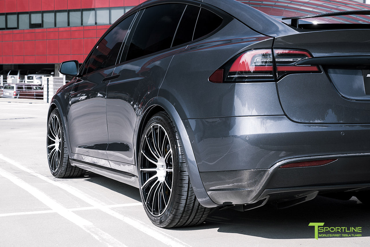 Midnight Silver Metallic Tesla Model X with Carbon Fiber Sport Package, Front Apron, Side Skirt Rocker Panel, Rear Diffuser, and Rear Wing by T Sportline