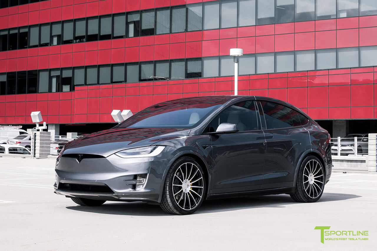 Midnight Silver Metallic Tesla Model X with Carbon Fiber Sport Package, Front Apron, Side Skirt Rocker Panel, Rear Diffuser, and Rear Wing by T Sportline