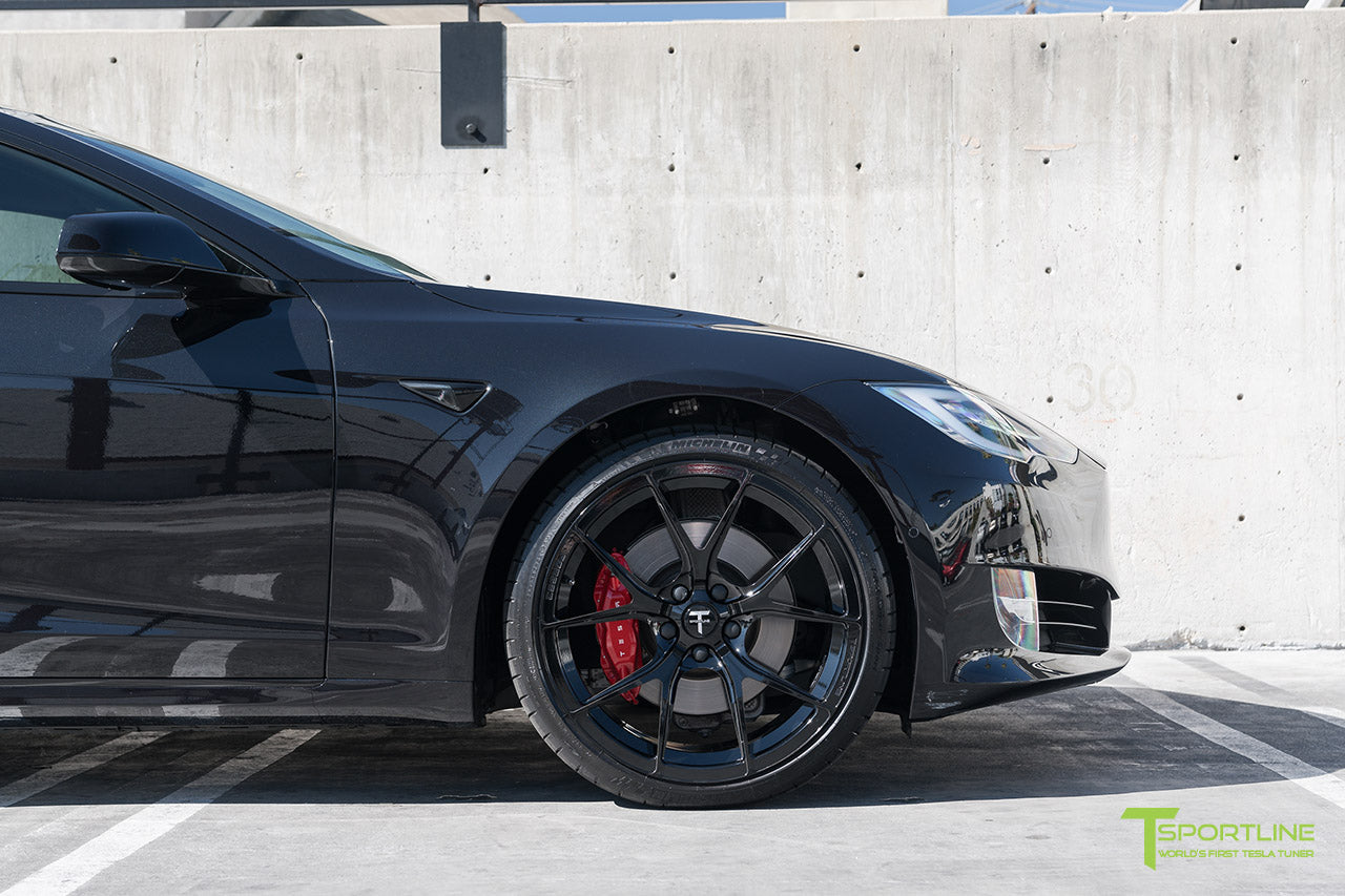 Obsidian Black Tesla Model S P100D with Gloss Black TS115 21 inch Forged Wheels and Chrome Delete Black Out by T Sportline