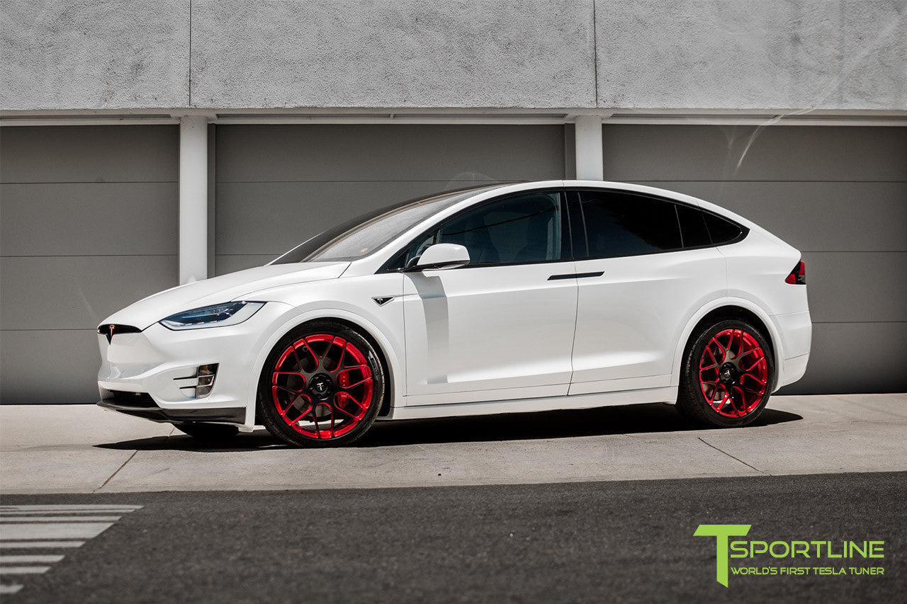 Pearl White Tesla Model X with Imperial Red 22 inch MX117 Forged Wheels by T Sportline