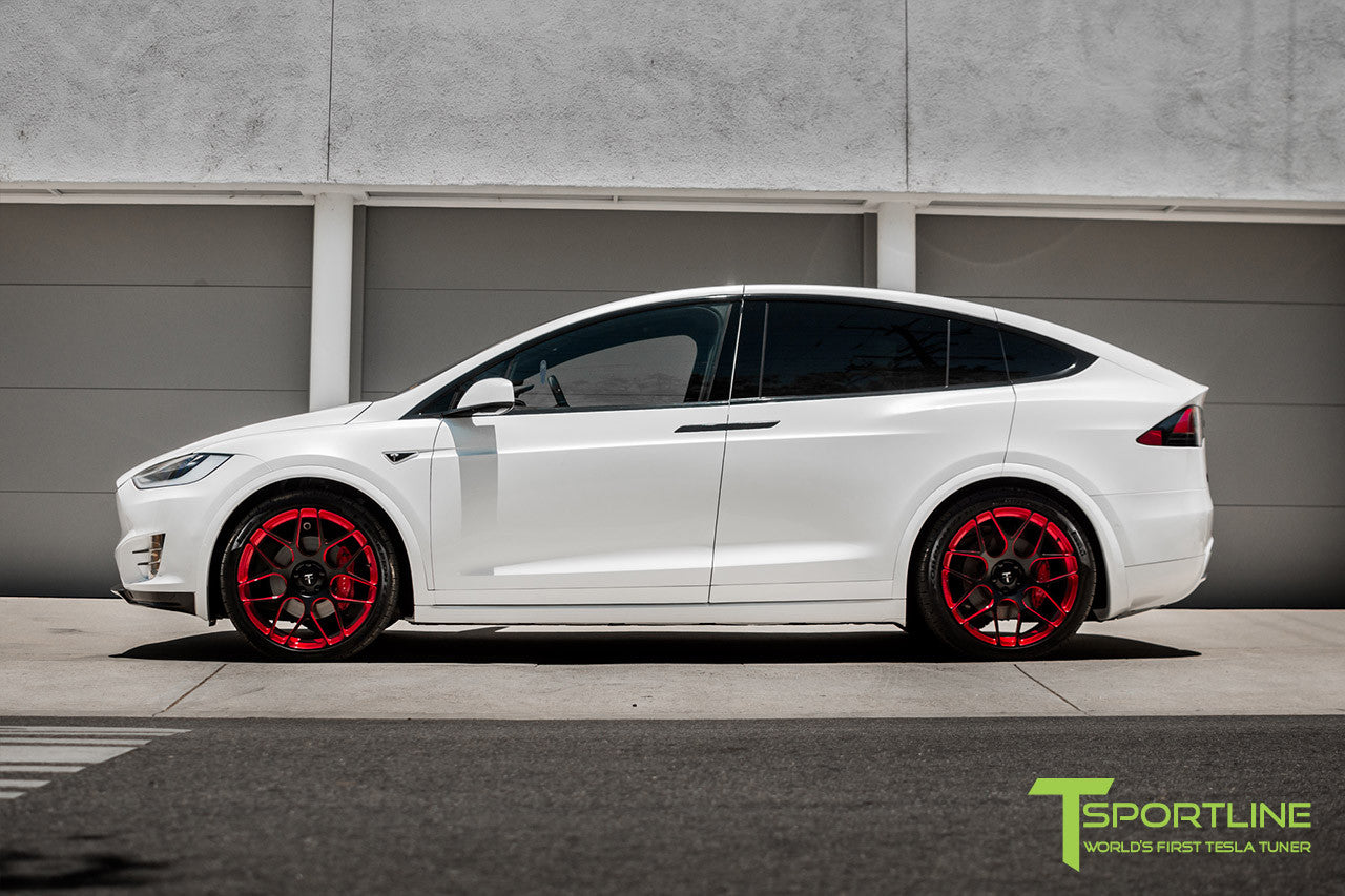 Pearl White Tesla Model X with Imperial Red 22 inch MX117 Forged Wheels by T Sportline