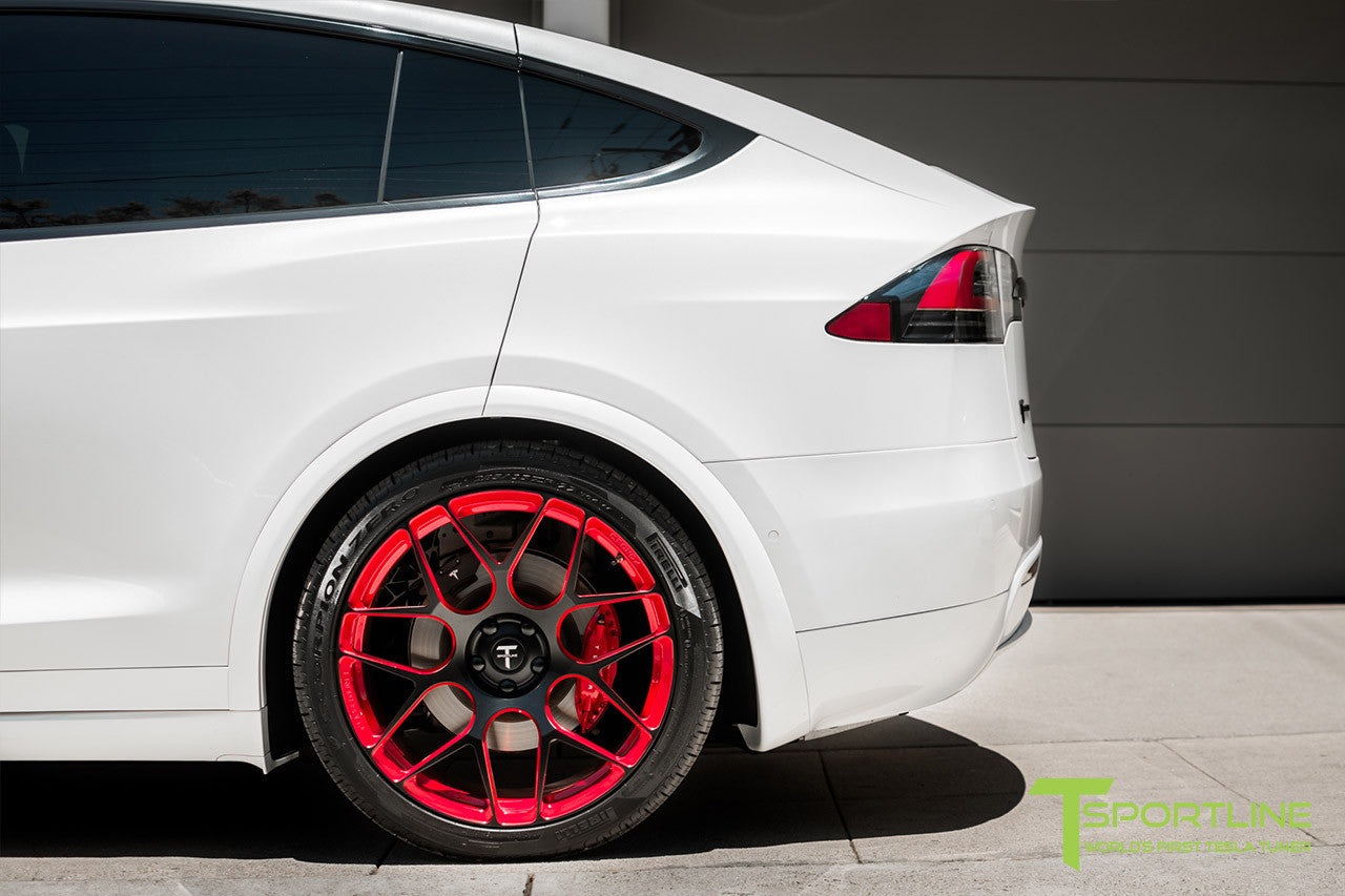 Pearl White Tesla Model X with Imperial Red 22 inch MX117 Forged Wheels by T Sportline