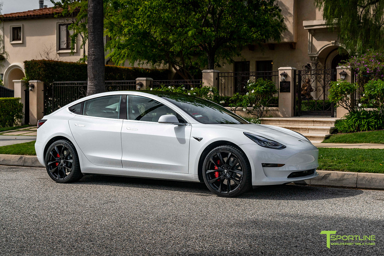 Pearl White Tesla Model 3 with 20" TSS Flow Forged Wheels in Gloss Black by T Sportline