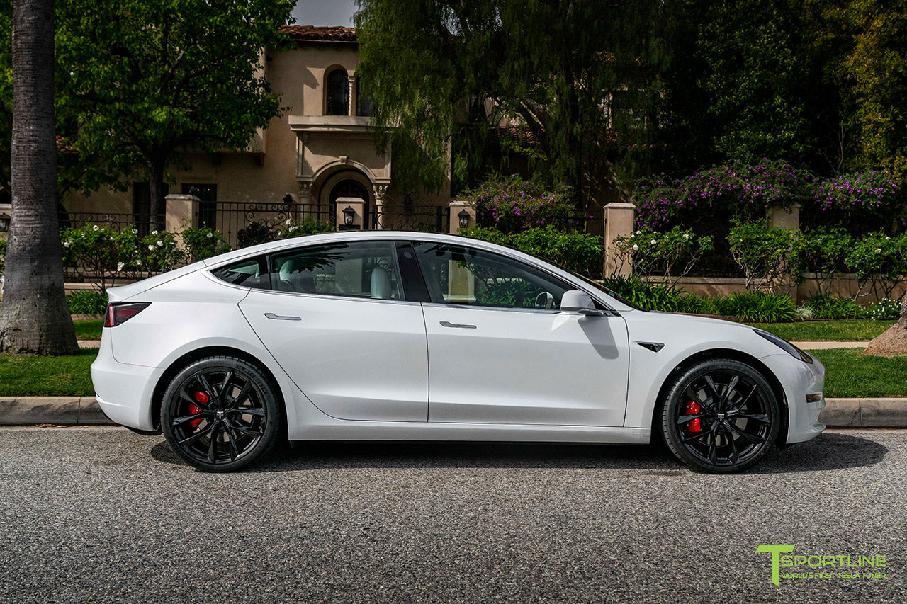 Pearl White Tesla Model 3 with 20" TSS Flow Forged Wheels in Gloss Black by T Sportline