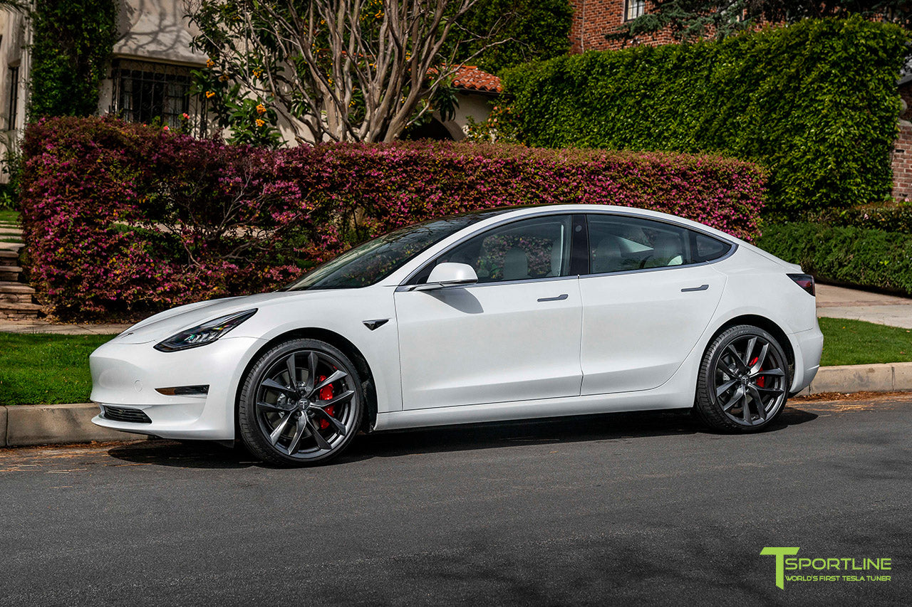 Pearl White Tesla Model 3 with 20" TSS Flow Forged Wheels in Space Gray by T Sportline