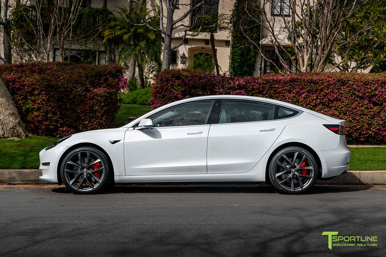 Pearl White Tesla Model 3 with 20" TSS Flow Forged Wheels in Space Gray by T Sportline