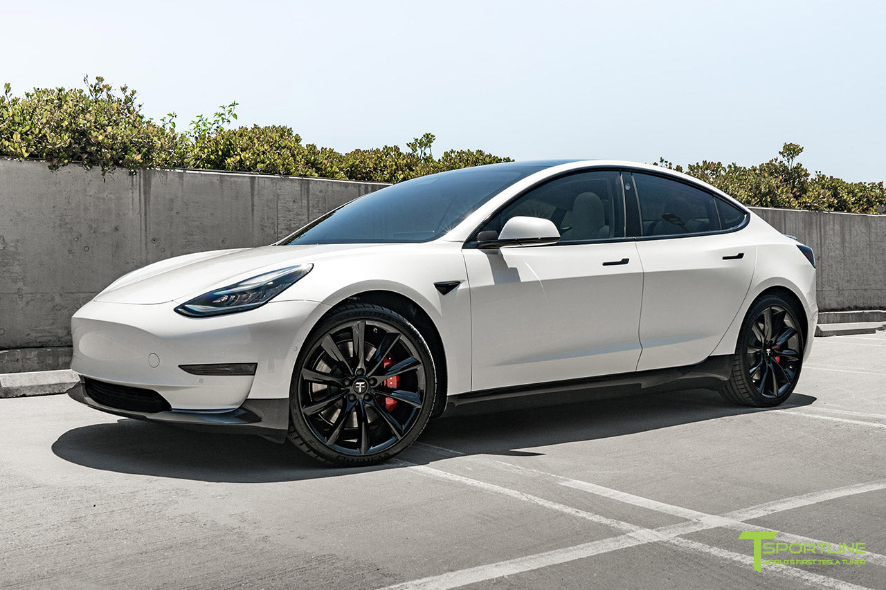 Pearl White Tesla Model 3 with Carbon Fiber Front Apron (Lip/Splitter), Side Skirts, Rear Diffuser, Executive Trunk Wing Lip Spoiler by T Sportline