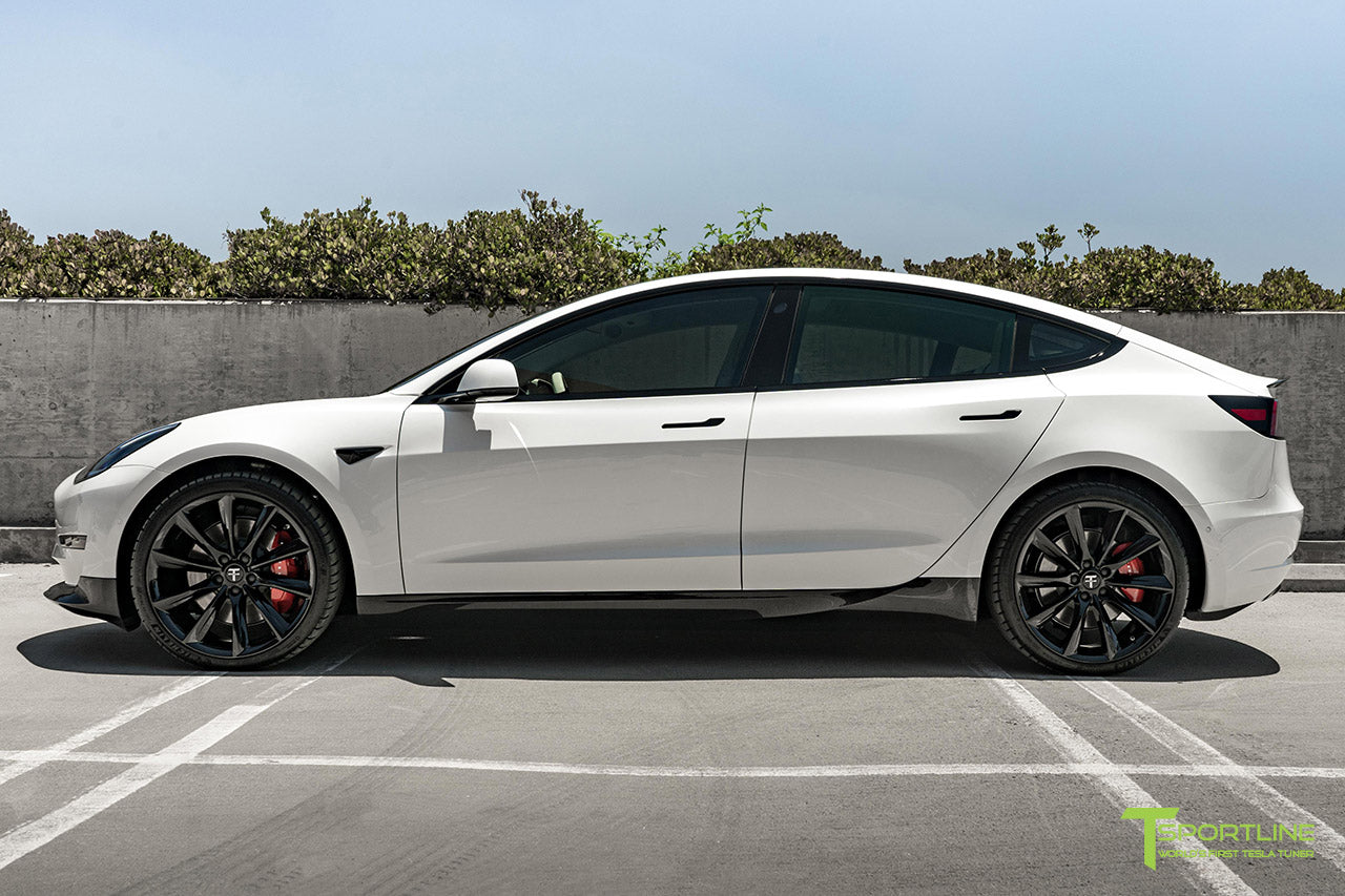 Pearl White Tesla Model 3 with Carbon Fiber Front Apron (Lip/Splitter), Side Skirts, Rear Diffuser, Executive Trunk Wing Lip Spoiler by T Sportline
