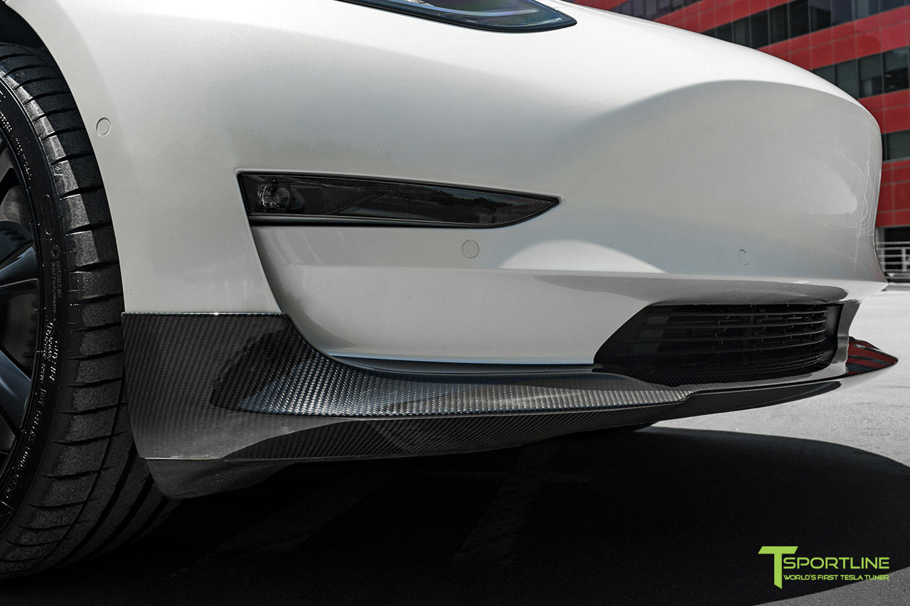 Pearl White Tesla Model 3 with Carbon Fiber Front Apron (Lip/Splitter), Side Skirts, Rear Diffuser, Executive Trunk Wing Lip Spoiler by T Sportline