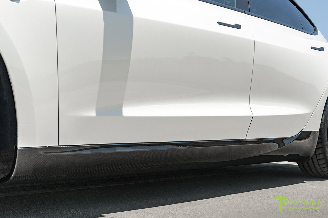 Pearl White Tesla Model 3 with Carbon Fiber Front Apron (Lip/Splitter), Side Skirts, Rear Diffuser, Executive Trunk Wing Lip Spoiler by T Sportline