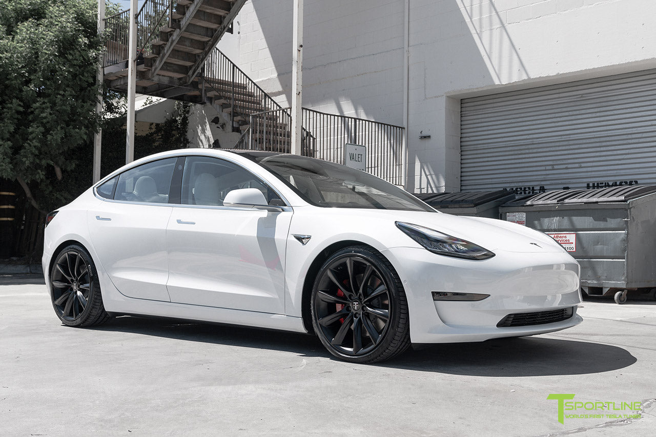 Pearl White Performance Dual Motor Tesla Model 3 with Lowering Springs and Matte Black 20 Inch TST Turbine Style Wheels by T Sportline
