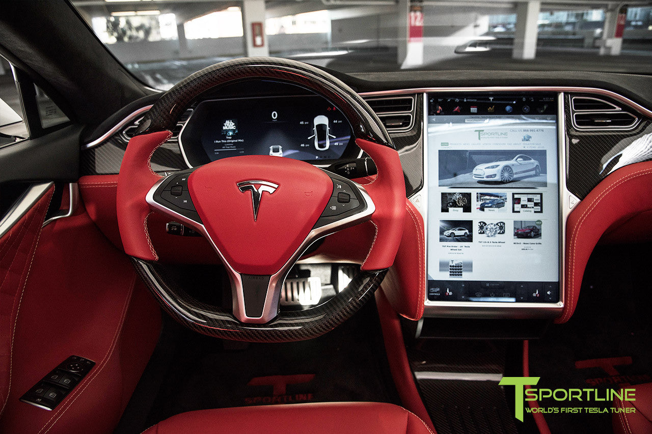 Project TS6 - Tesla Model S P90D - Custom Bentley Red - Carbon Fiber Dash Kit - Dashboard - Steering Wheel