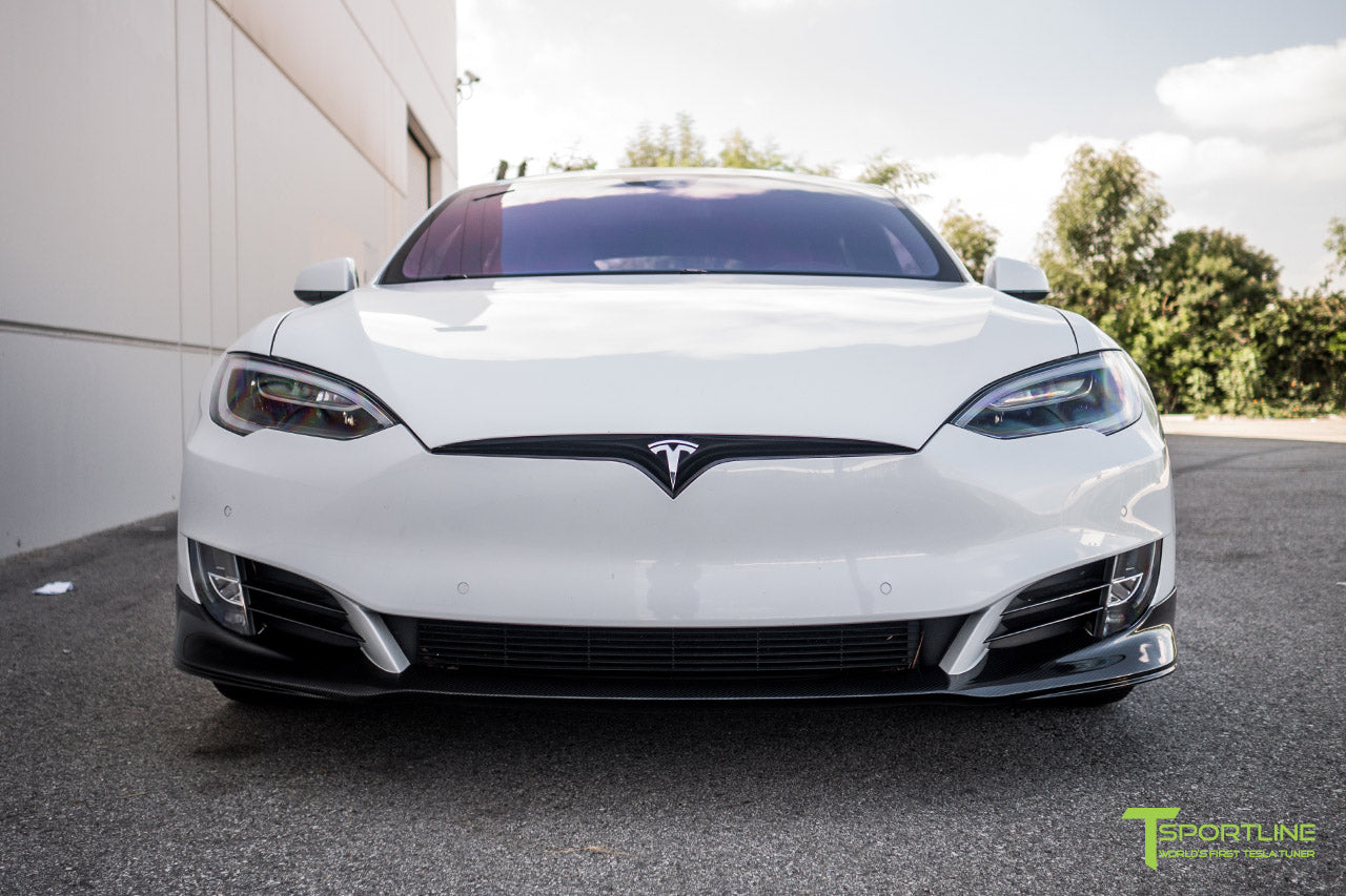Pearl White Tesla Model S 2.0 (2016 Facelift) with Carbon Fiber Front Apron, Rear Diffuser, and Trunk Wing by T Sportline