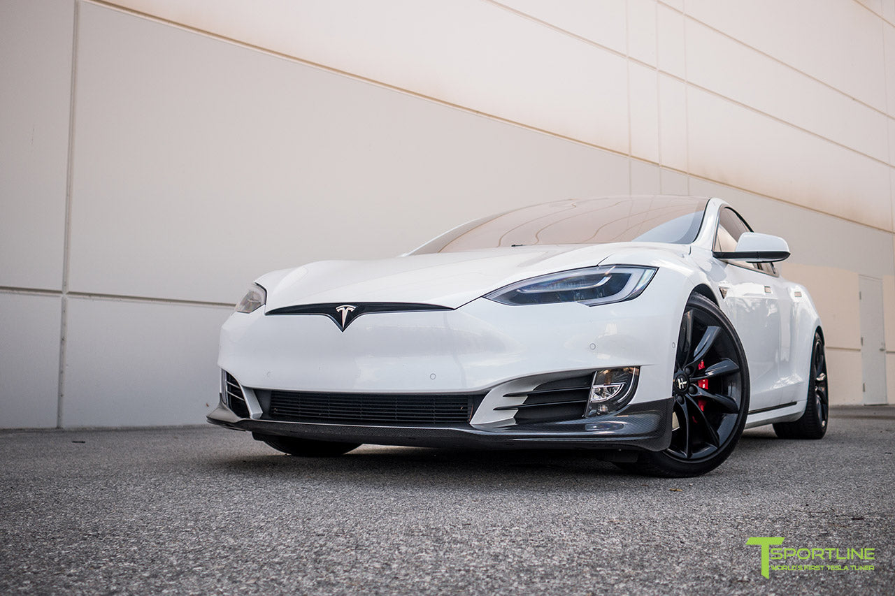 Pearl White Tesla Model S 2.0 (2016 Facelift) with Carbon Fiber Front Apron, Rear Diffuser, and Trunk Wing by T Sportline