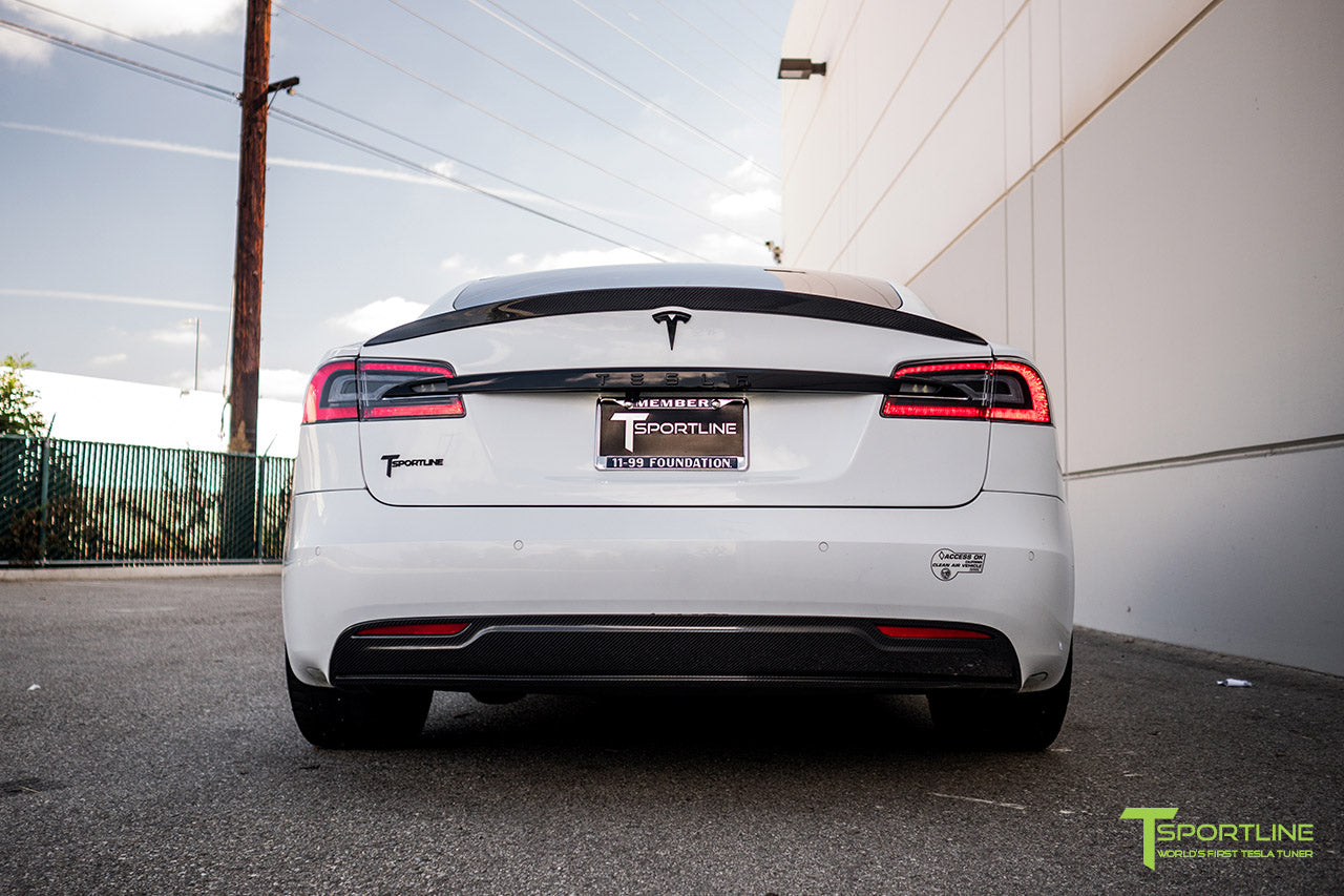 Pearl White Tesla Model S 2.0 (2016 Facelift) with Carbon Fiber Front Apron, Rear Diffuser, and Trunk Wing by T Sportline