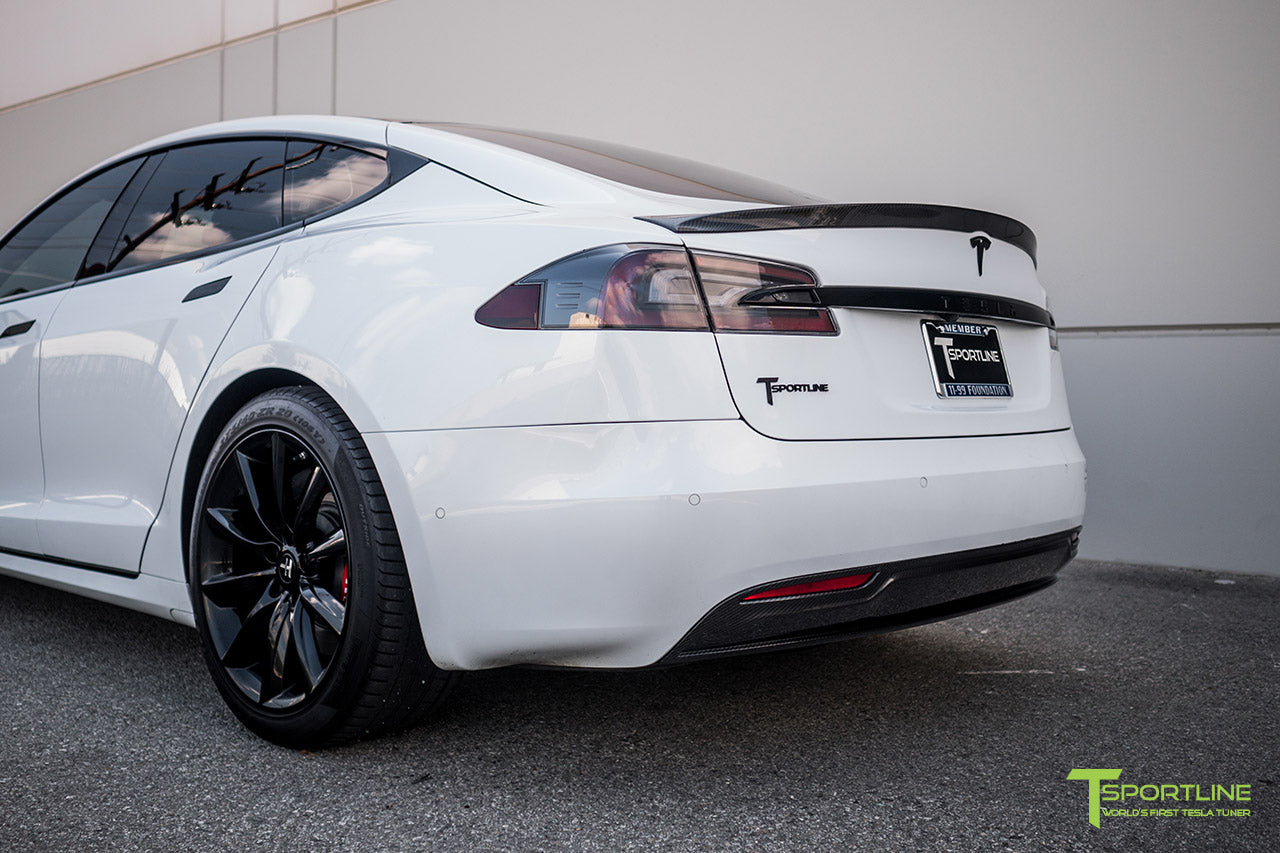 Pearl White Tesla Model S 2.0 (2016 Facelift) with Carbon Fiber Front Apron, Rear Diffuser, and Trunk Wing by T Sportline